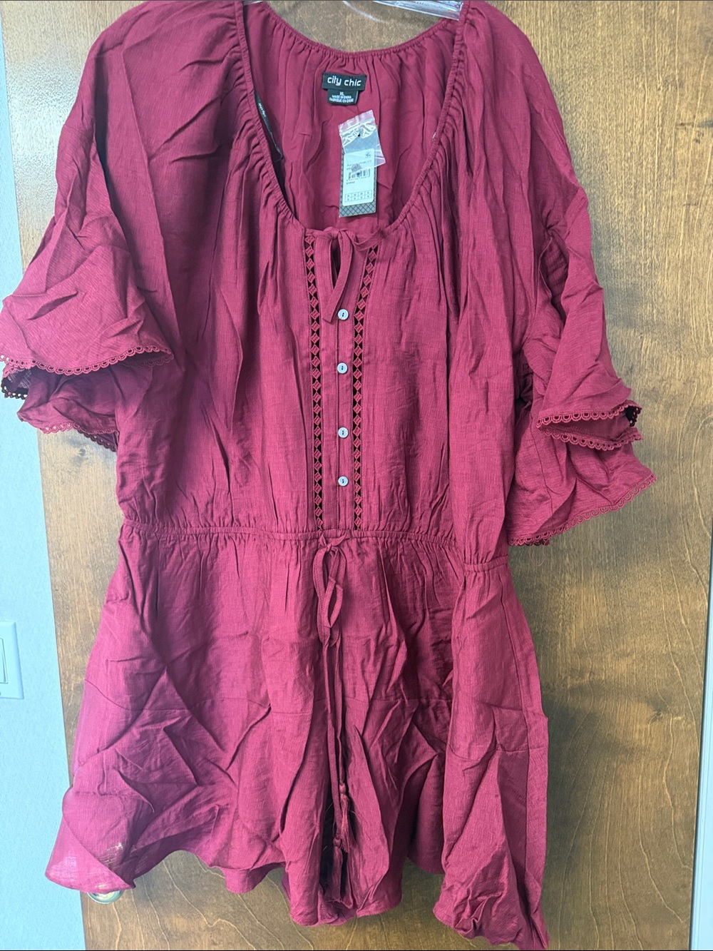City Chic Burgundy Button-Front Drawstring Romper